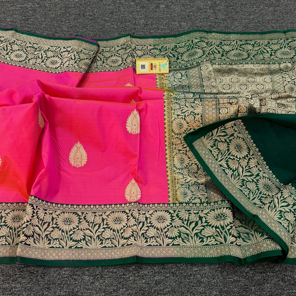 Premium Hot Pink Katan Silk Saree with Gold Zari Butti & Emerald Green Rich Banarasi Border | Luxury Wedding & Festive Silk Saree for Women