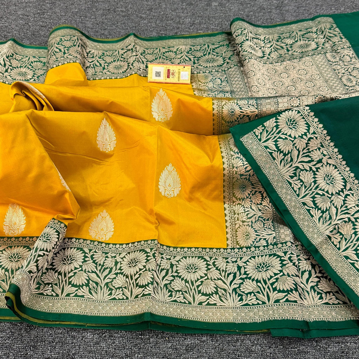 Premium Mustard Yellow Katan Silk Saree with Gold Zari Butti & Emerald Green Rich Banarasi Border | Luxury Wedding & Festive Silk Saree for Women