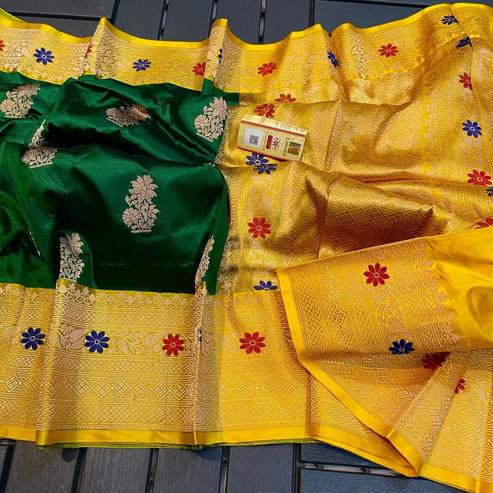 Premium Emerald Green Katan Silk Saree with Gold Zari Butti & Mustard Yellow Banarasi Border | Luxury Wedding & Festive Silk Saree for Women