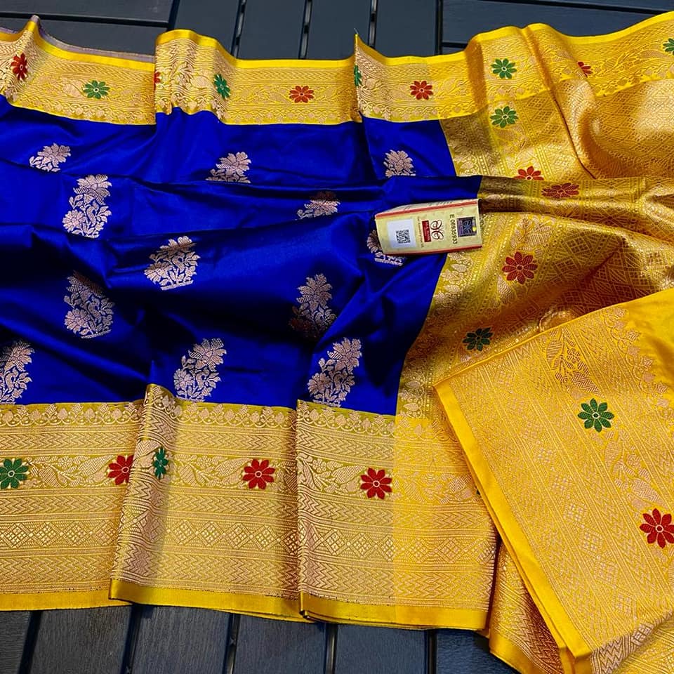 Premium Royal Blue Katan Silk Saree with Gold Zari Butti & Mustard Yellow Banarasi Border | Luxury Wedding & Festive Silk Saree for Women