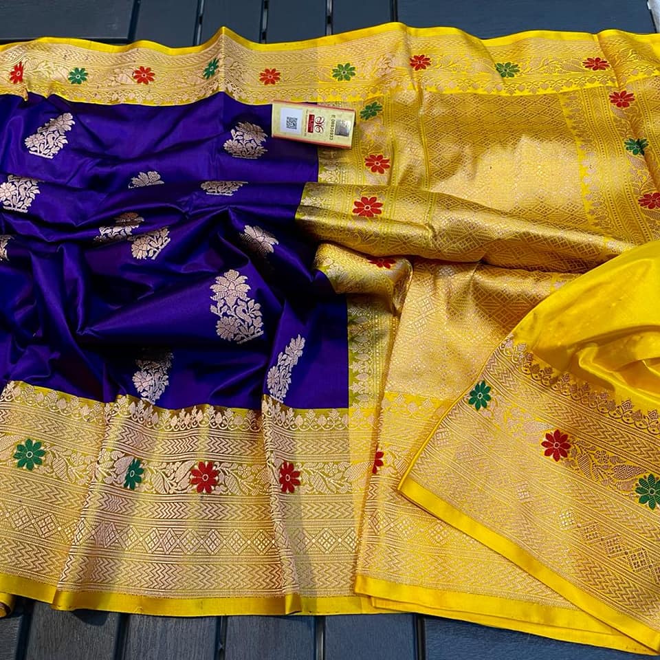 Premium Royal Purple Katan Silk Saree with Gold Zari Butti & Mustard Yellow Banarasi Border | Luxury Wedding & Festive Silk Saree for Women