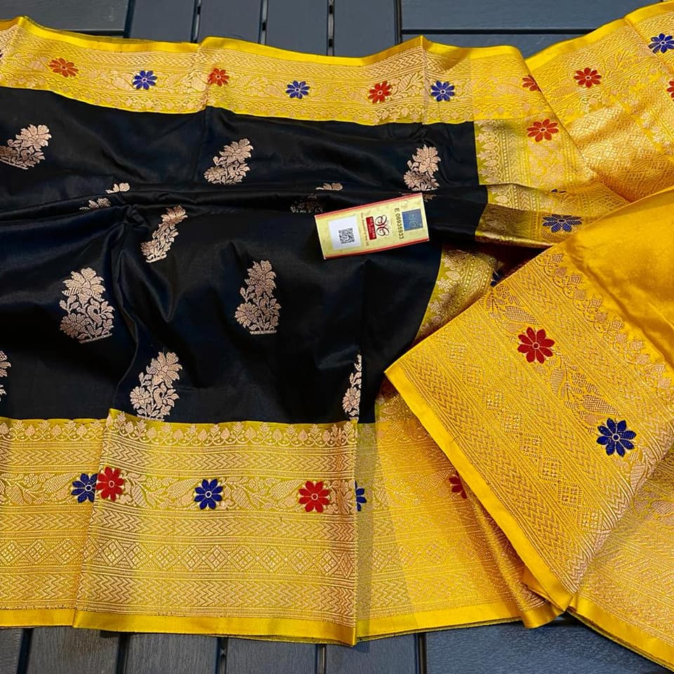 Premium Black Katan Silk Saree with Gold Zari Butti & Mustard Yellow Banarasi Border | Luxury Wedding & Festive Silk Saree for Women