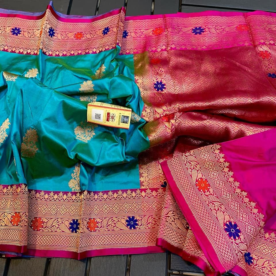 Premium Rama Blue Katan Silk Saree with Gold Zari Butti & Rani Pink Banarasi Border | Luxury Wedding & Festive Silk Saree for Women