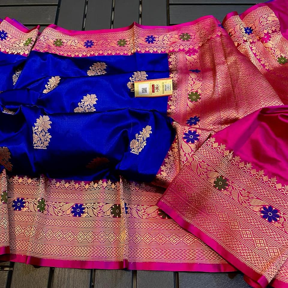 Premium Royal Blue Katan Silk Saree with Gold Zari Butti & Rani Pink Banarasi Border | Luxury Wedding & Festive Silk Saree for Women
