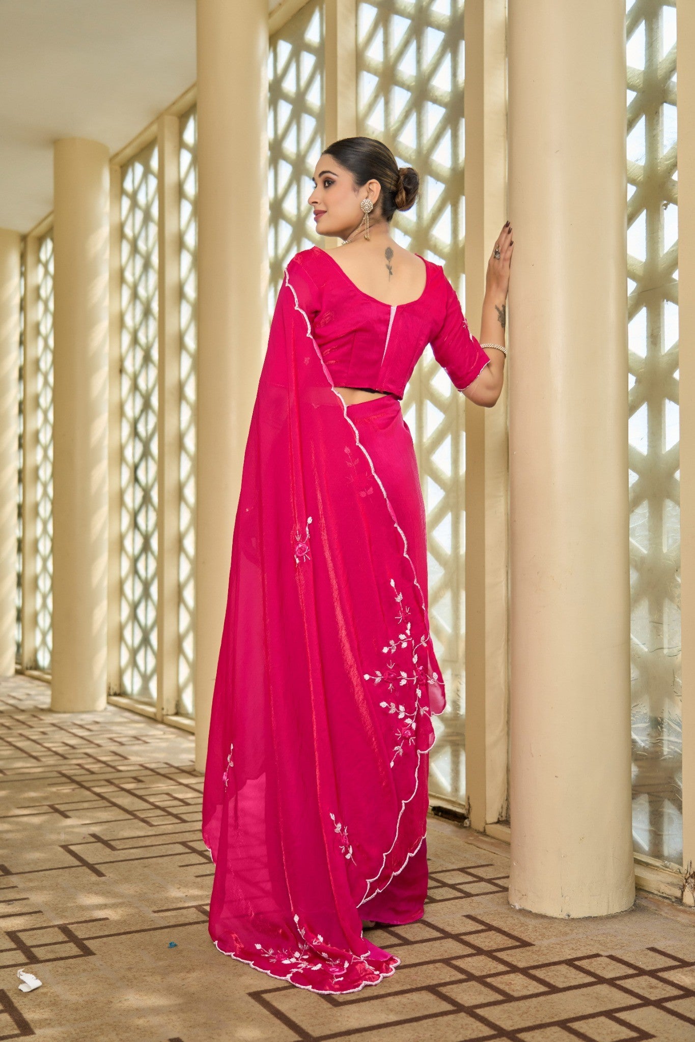 Hot Pink Designer Saree with Rich Stone Work Embellishment