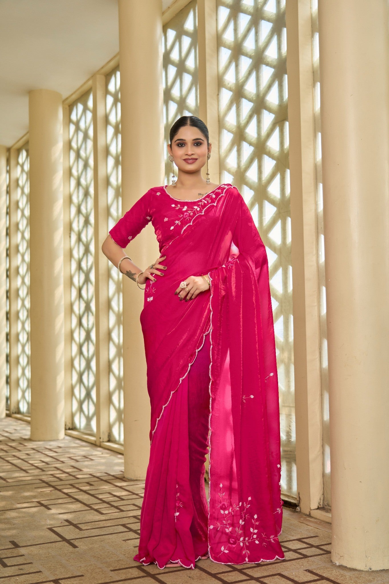 Hot Pink Designer Saree with Rich Stone Work Embellishment
