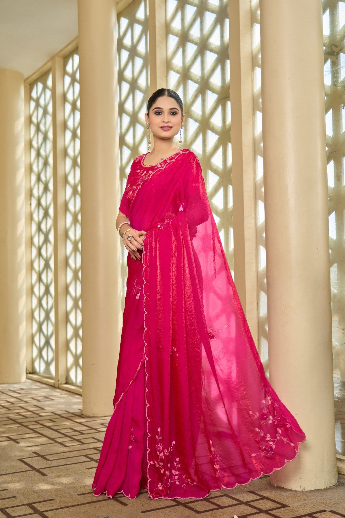 Hot Pink Designer Saree with Rich Stone Work Embellishment