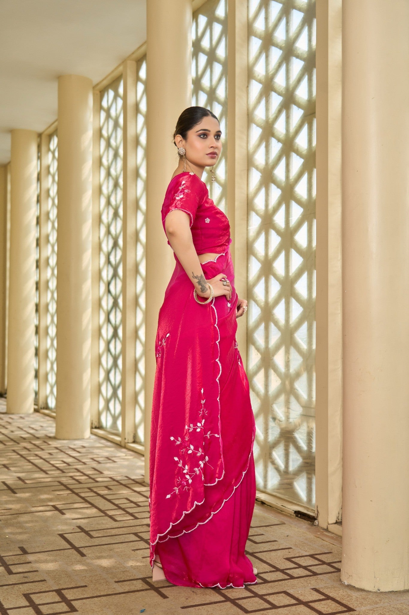 Hot Pink Designer Saree with Rich Stone Work Embellishment