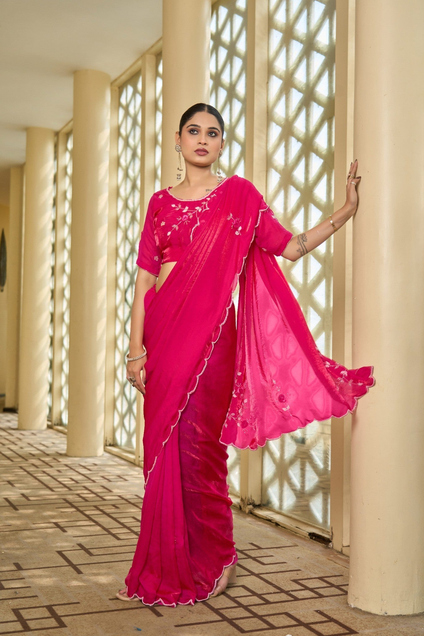 Hot Pink Designer Saree with Rich Stone Work Embellishment