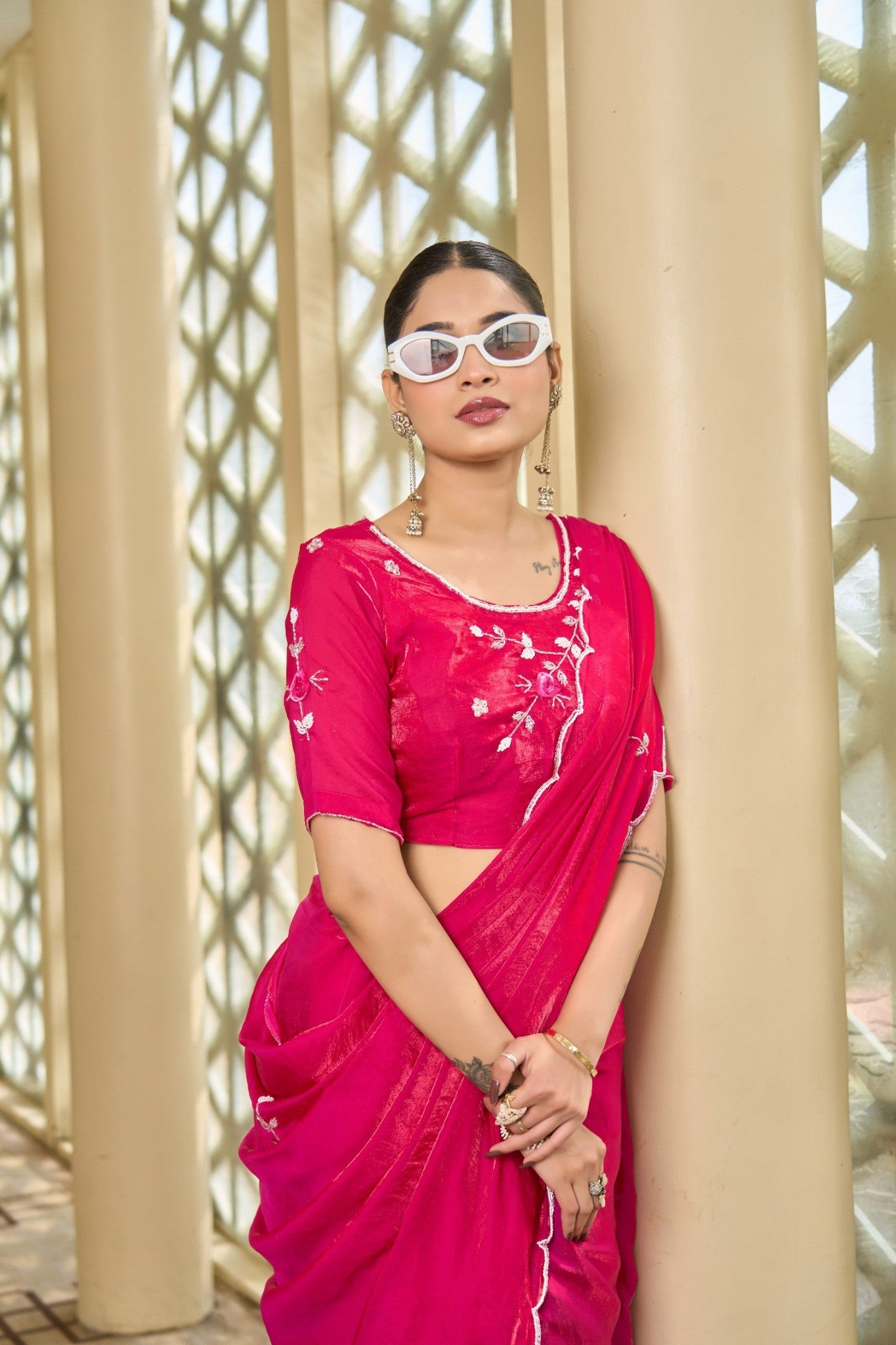 Hot Pink Designer Saree with Rich Stone Work Embellishment
