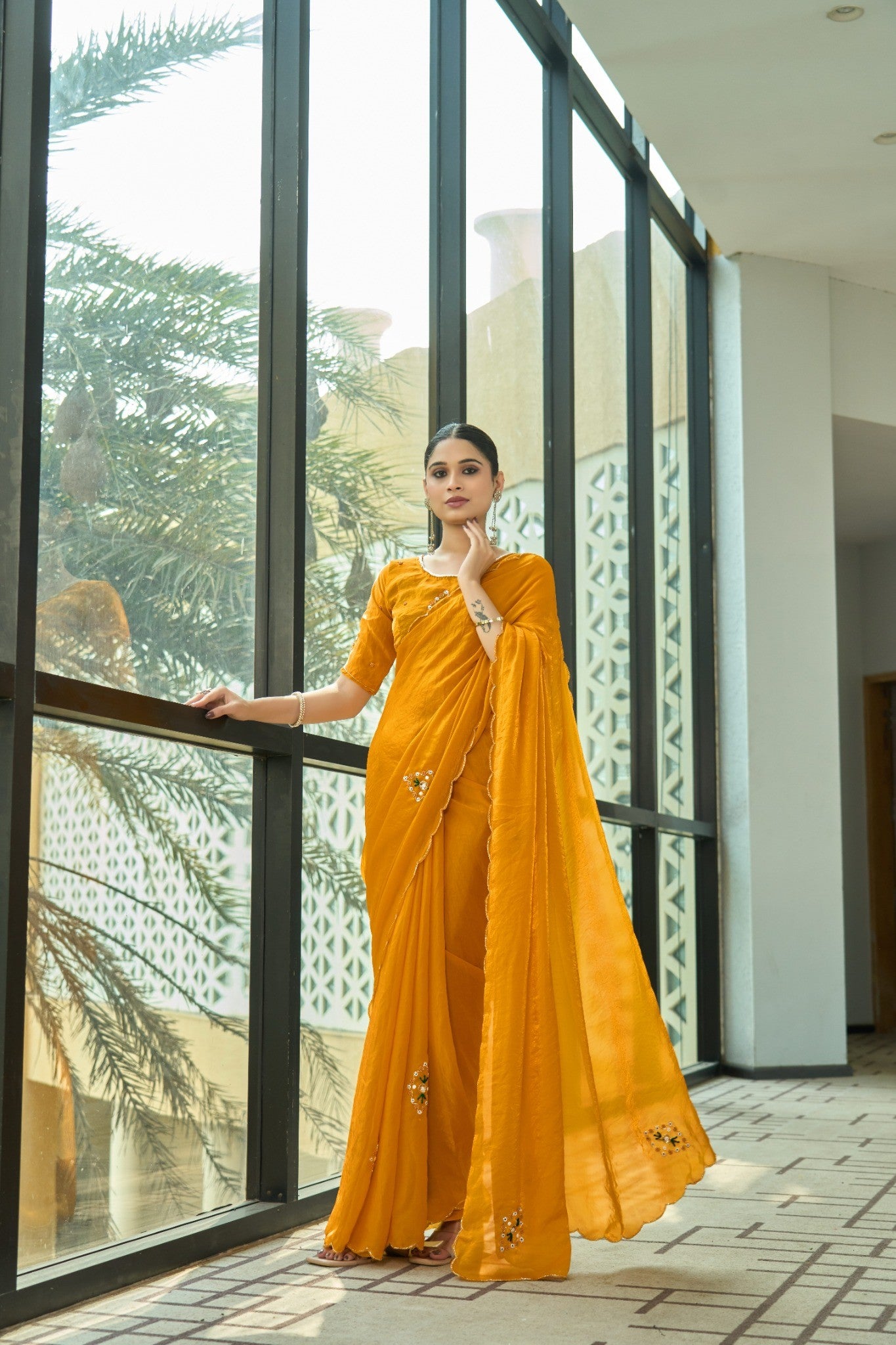 Mustard Yellow Designer Saree with Elegant Party Wear Drape