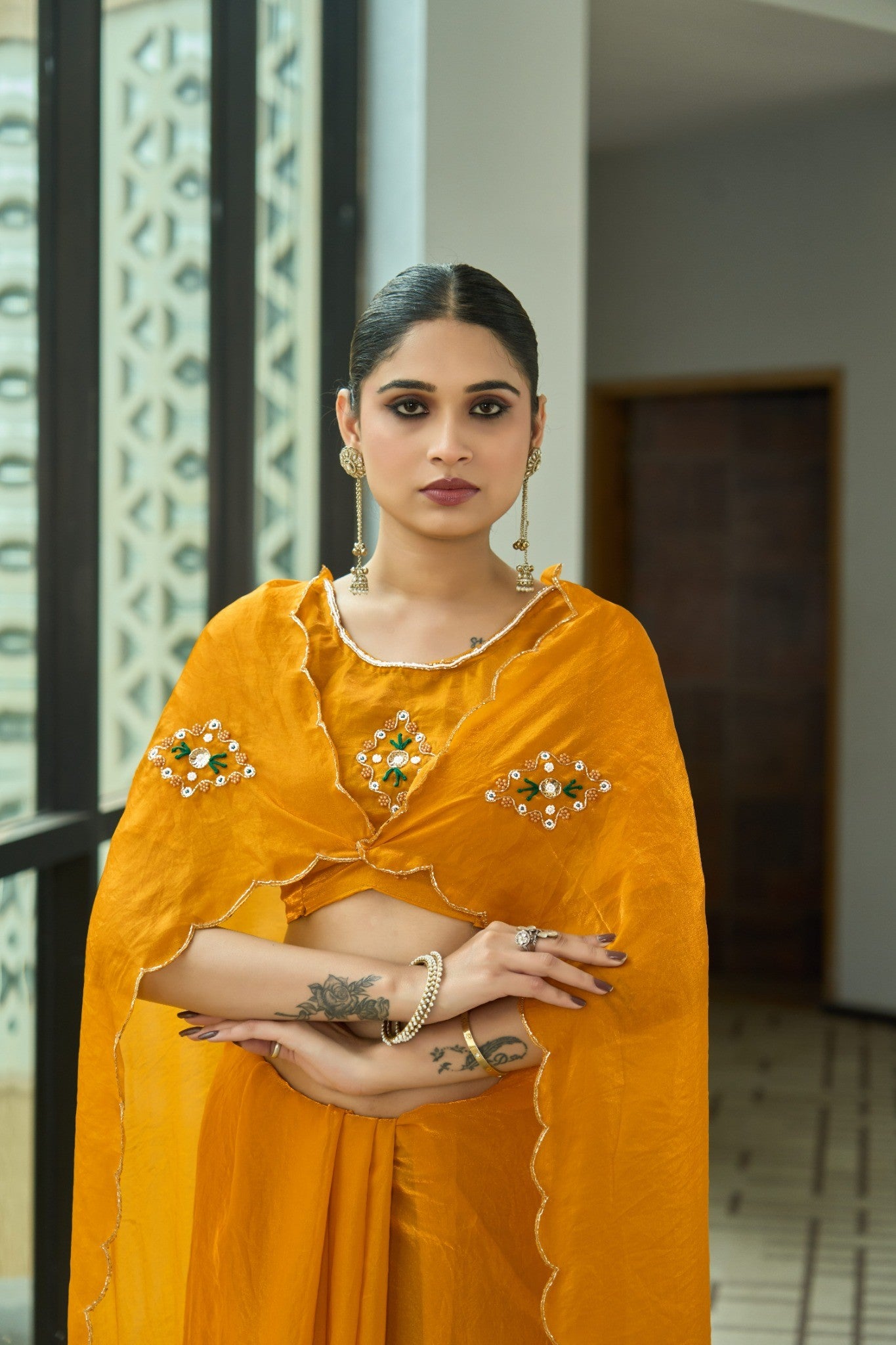 Mustard Yellow Designer Saree with Elegant Party Wear Drape