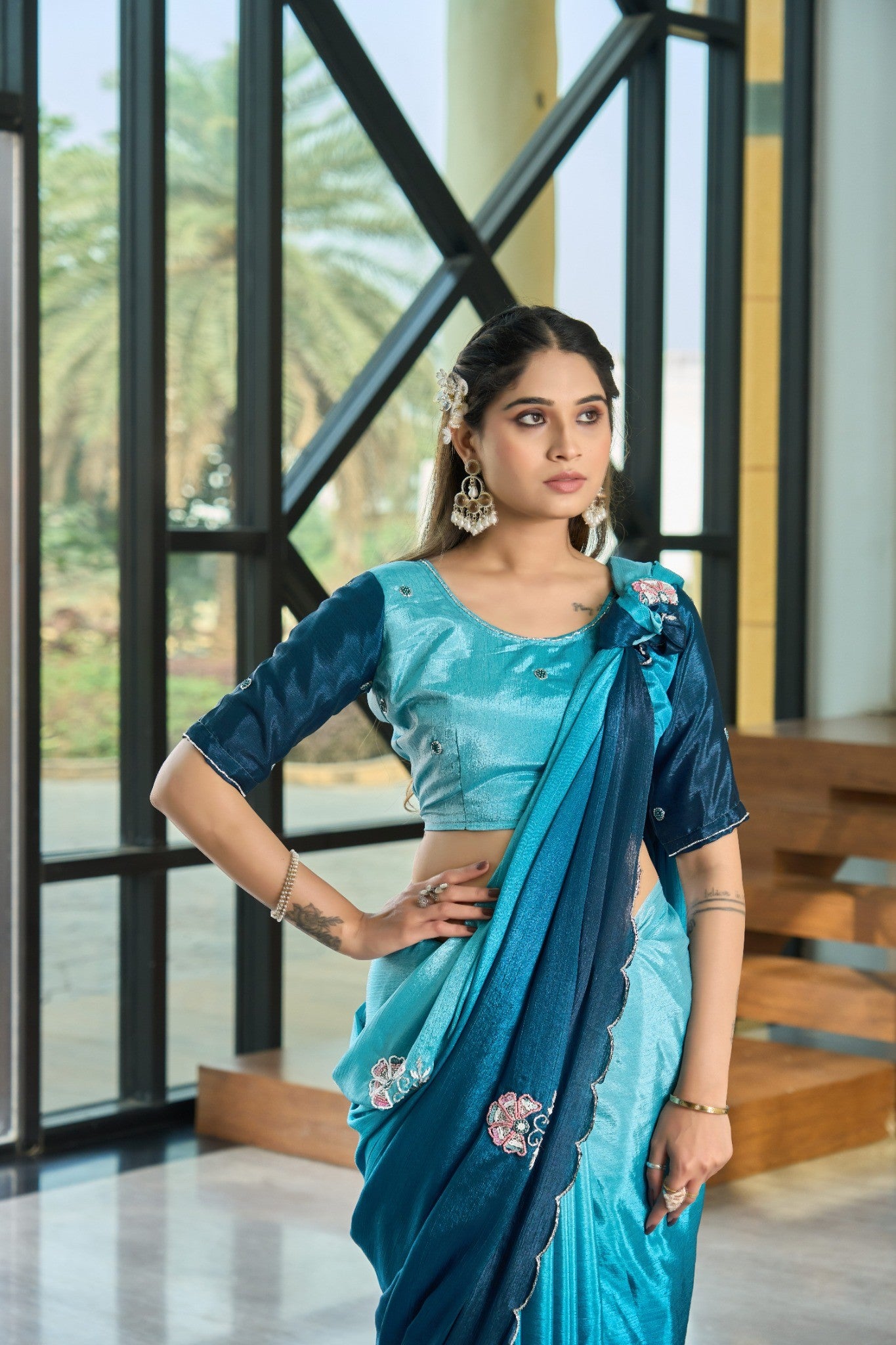 Lavender Grey Designer Saree with Shimmer Party Wear Finish