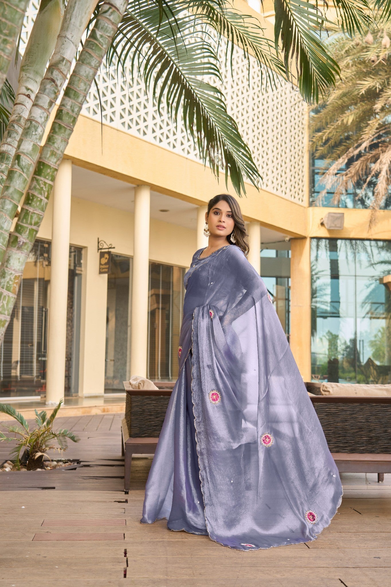 Aqua Blue Designer Saree with Minimal Floral Embroidery