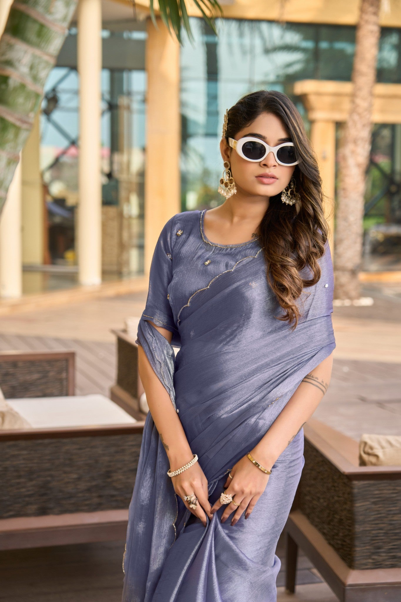 Aqua Blue Designer Saree with Minimal Floral Embroidery