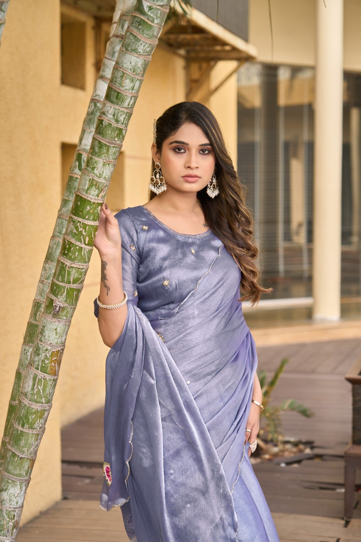 Aqua Blue Designer Saree with Minimal Floral Embroidery