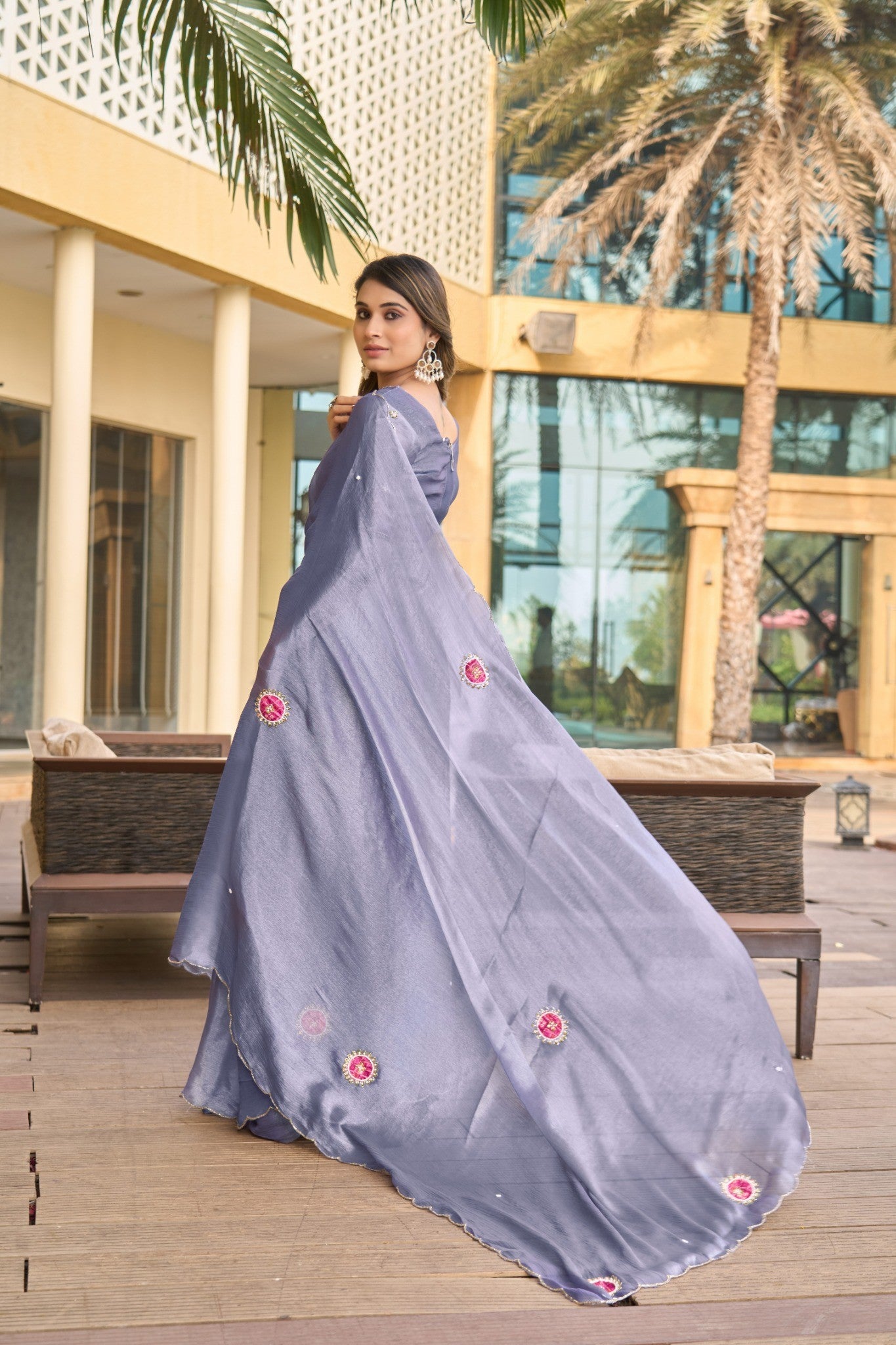 Aqua Blue Designer Saree with Minimal Floral Embroidery