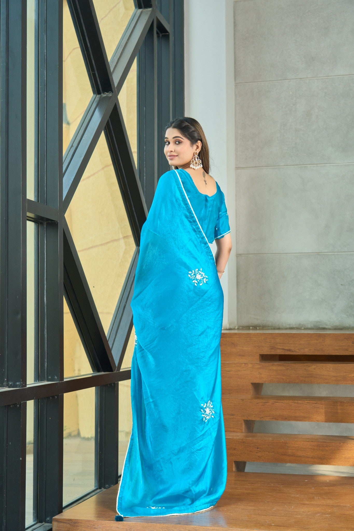 Bright Sky Blue Designer Saree with Delicate Sequin Work