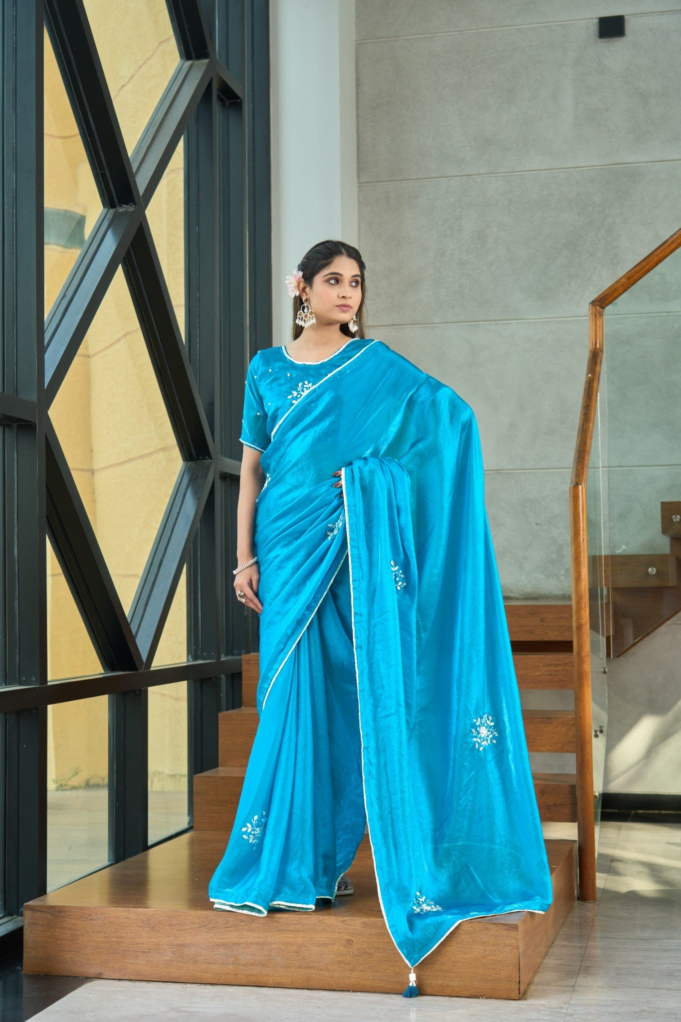 Bright Sky Blue Designer Saree with Delicate Sequin Work