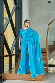 Bright Sky Blue Designer Saree with Delicate Sequin Work