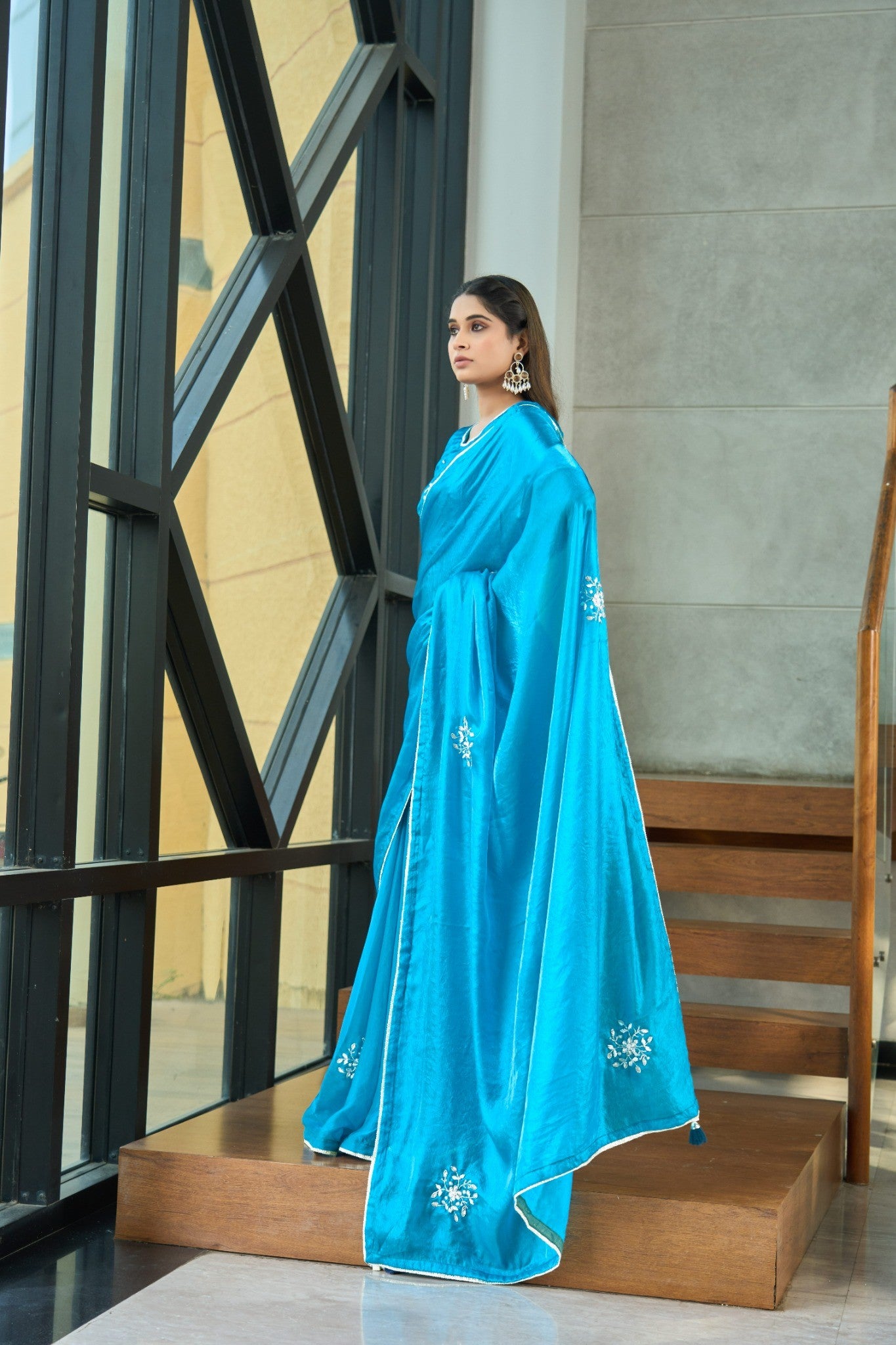 Bright Sky Blue Designer Saree with Delicate Sequin Work