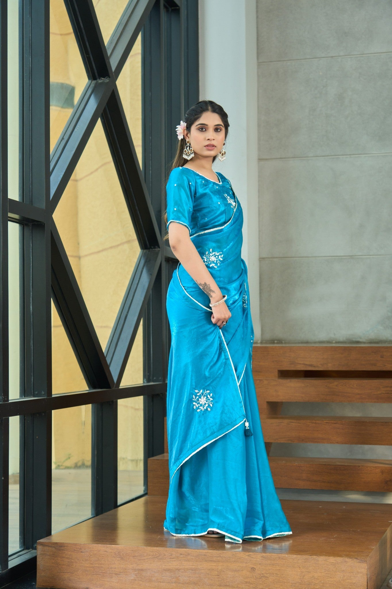 Bright Sky Blue Designer Saree with Delicate Sequin Work