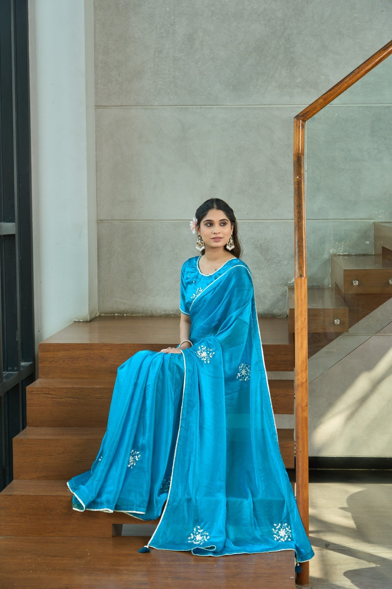 Bright Sky Blue Designer Saree with Delicate Sequin Work