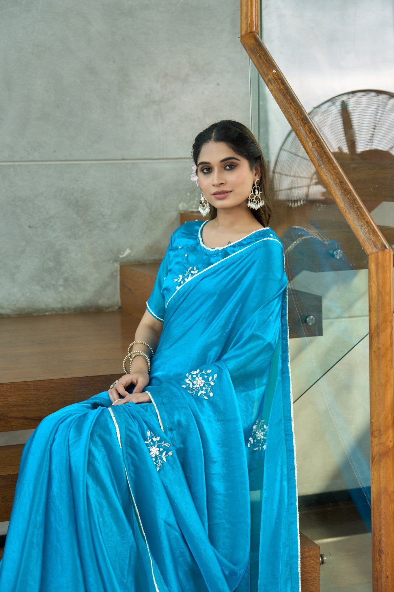 Bright Sky Blue Designer Saree with Delicate Sequin Work
