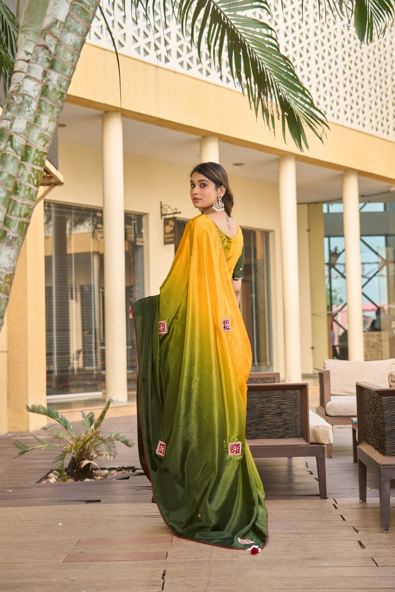 Olive Green Designer Saree with Pink Floral Embroidery Border