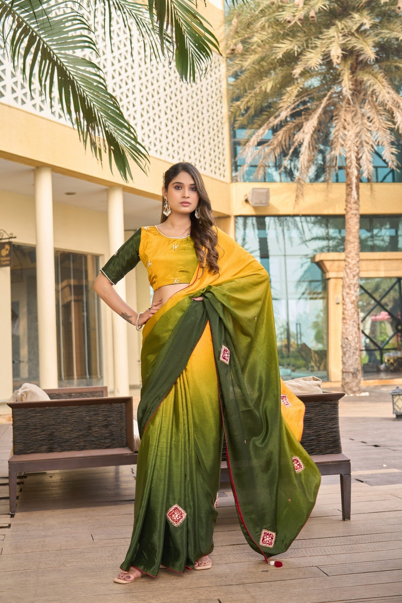 Olive Green Designer Saree with Pink Floral Embroidery Border