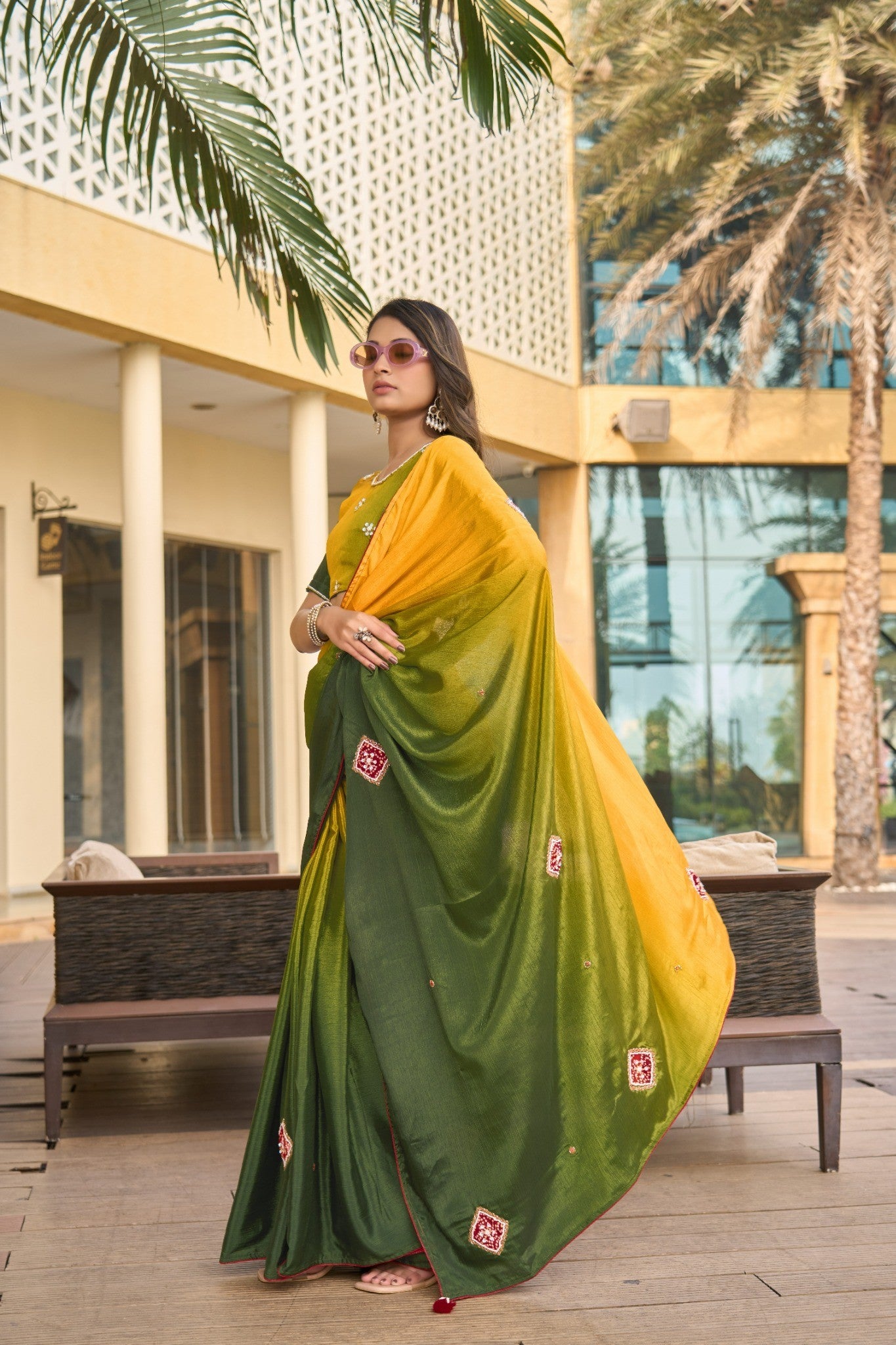 Olive Green Designer Saree with Pink Floral Embroidery Border