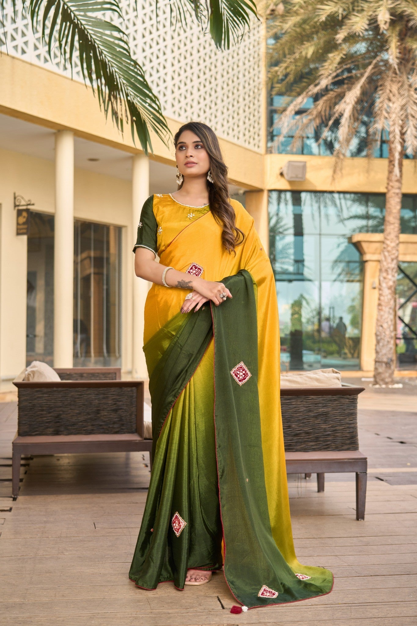 Olive Green Designer Saree with Pink Floral Embroidery Border