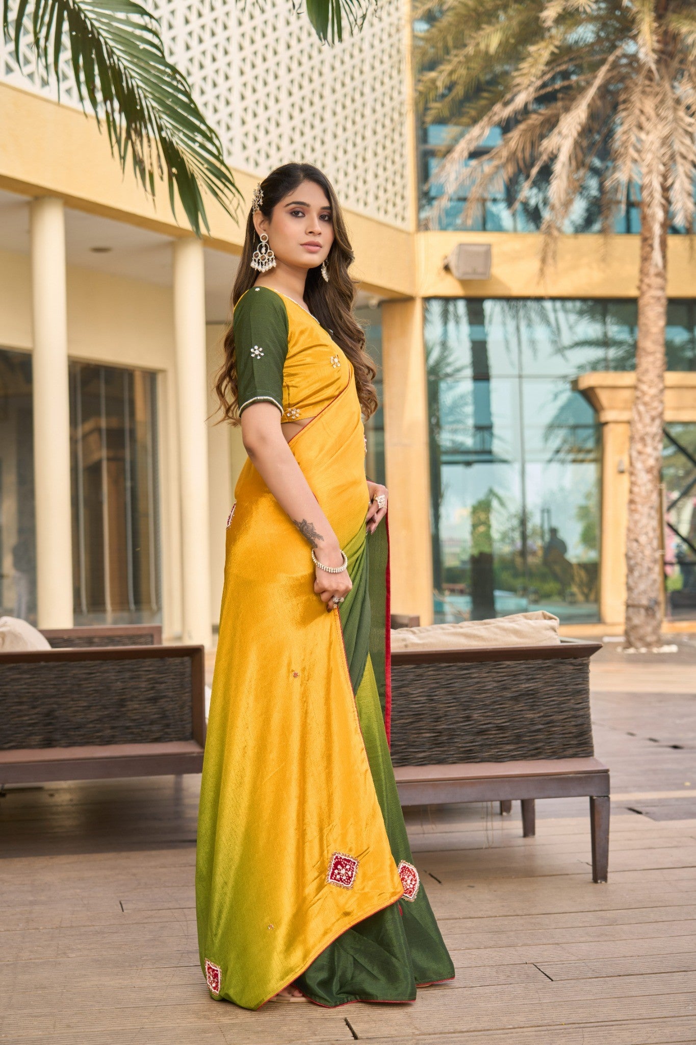 Olive Green Designer Saree with Pink Floral Embroidery Border