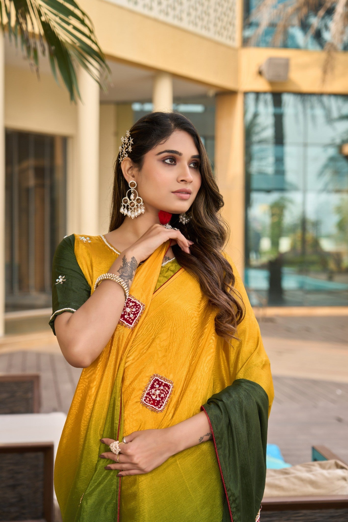 Olive Green Designer Saree with Pink Floral Embroidery Border