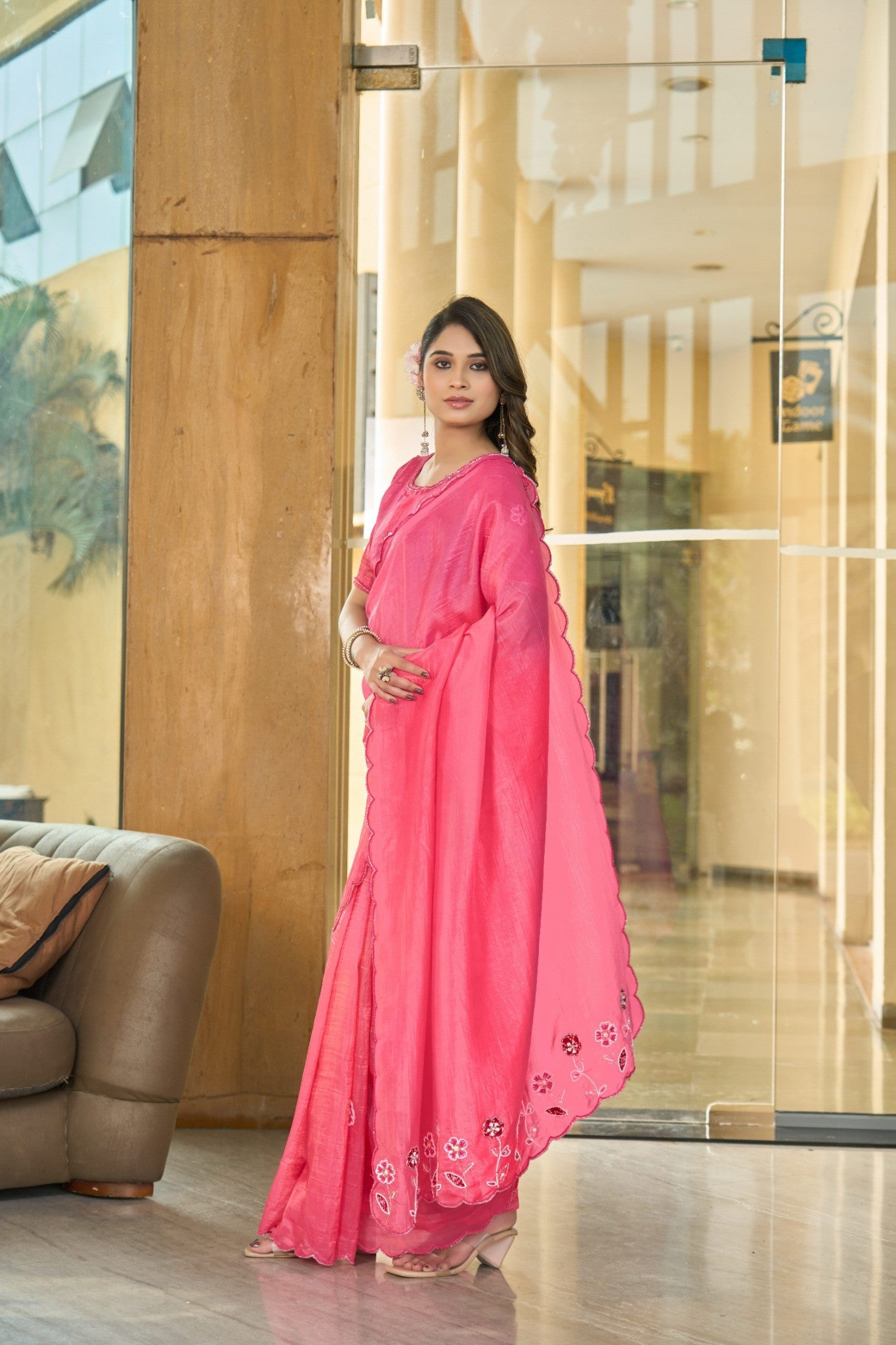 Candy Pink Designer Saree with Elegant Stone Work Design