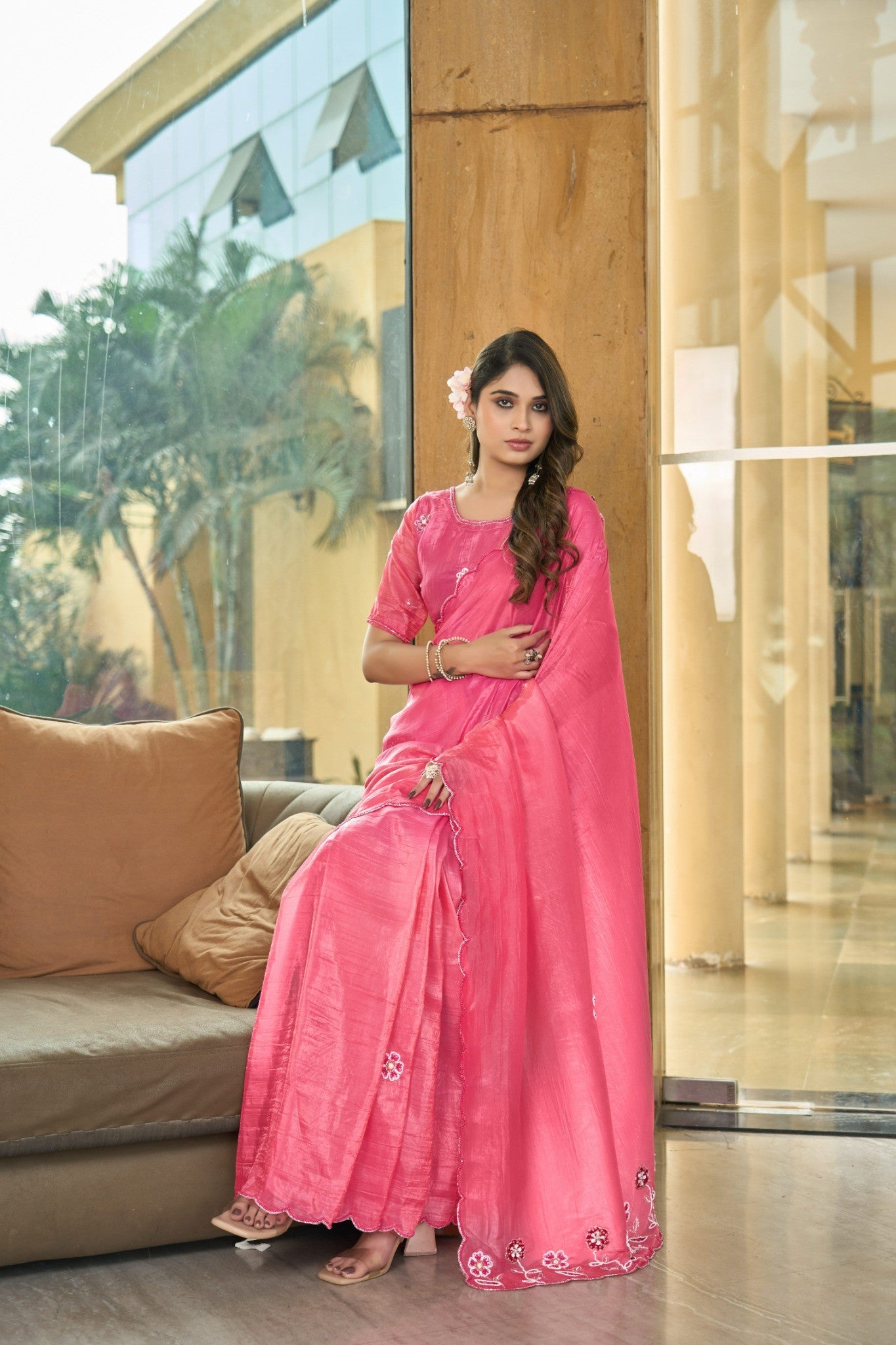 Candy Pink Designer Saree with Elegant Stone Work Design