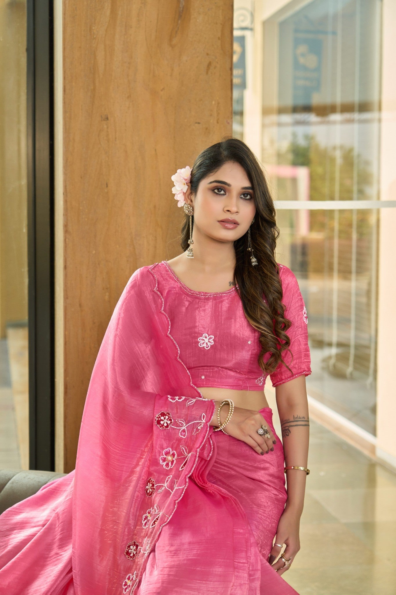 Candy Pink Designer Saree with Elegant Stone Work Design