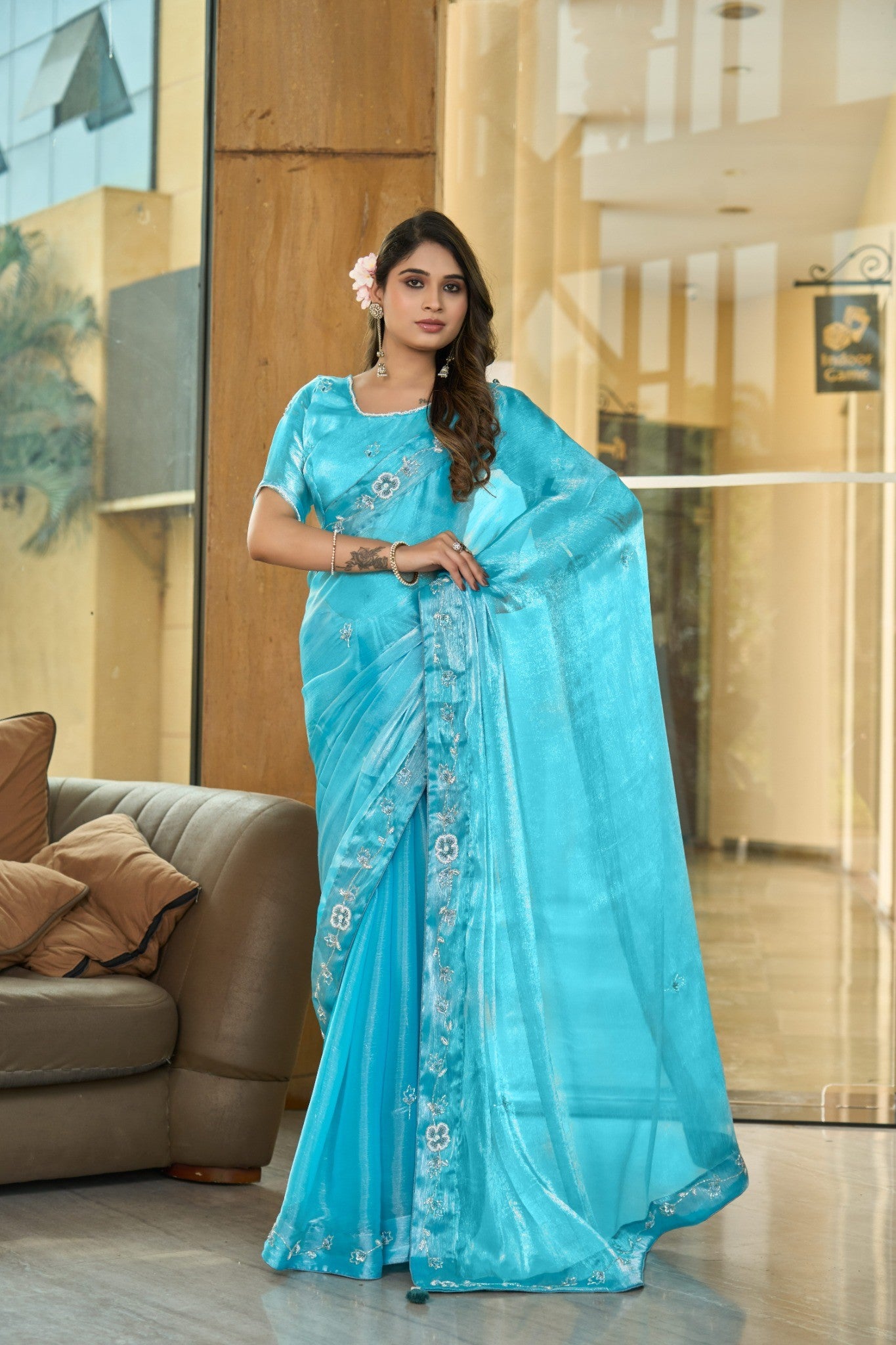 Ice Blue Designer Saree with Premium Party Wear Embroidery