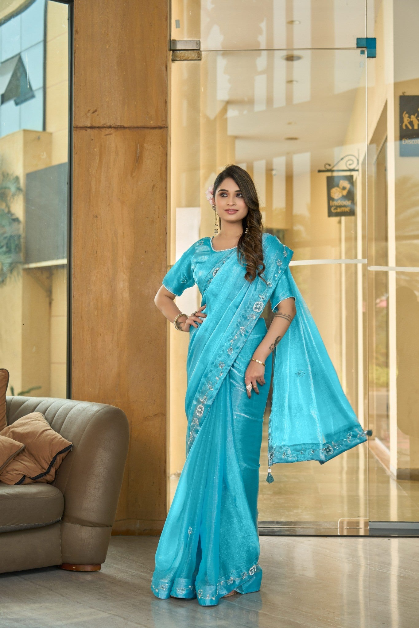 Ice Blue Designer Saree with Premium Party Wear Embroidery