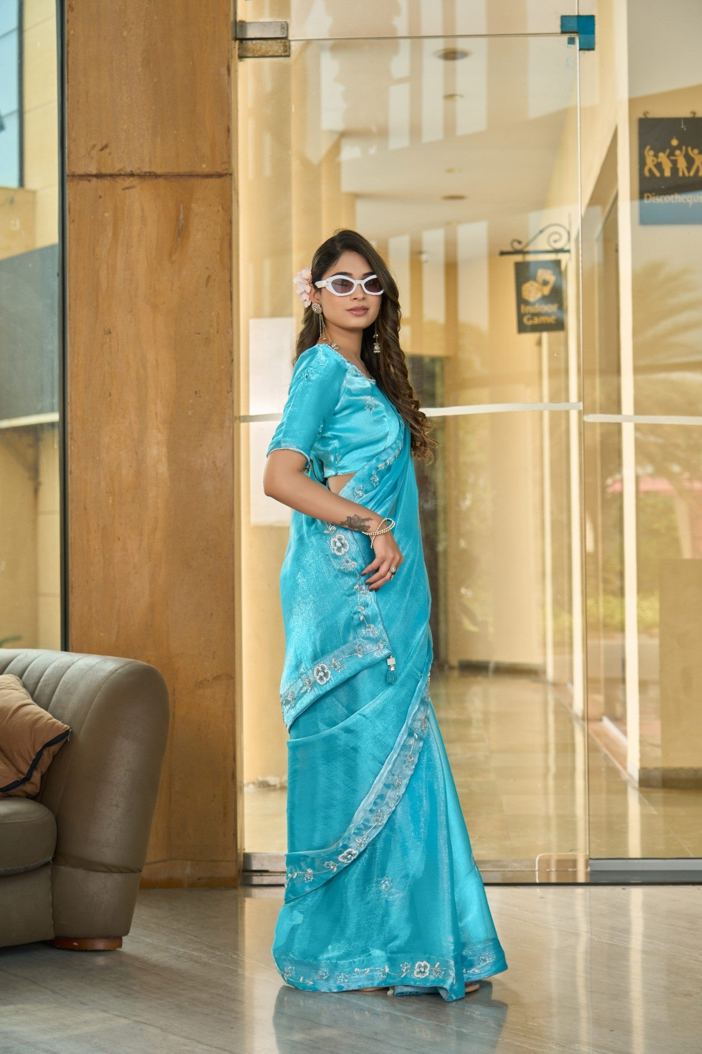 Ice Blue Designer Saree with Premium Party Wear Embroidery