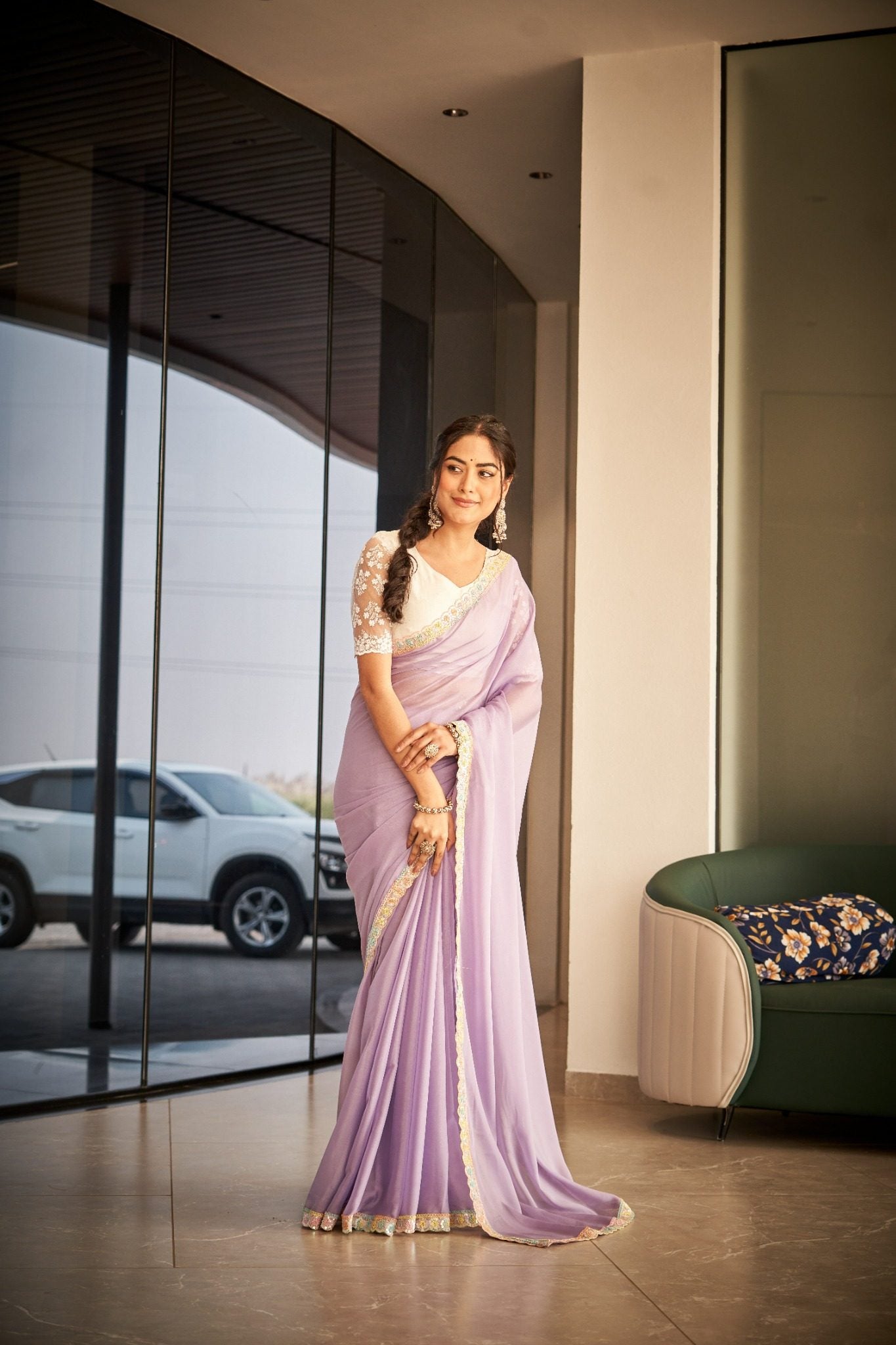 Lavender Purple Organza Silk Blend Saree with Premium Party Wear Embroidery