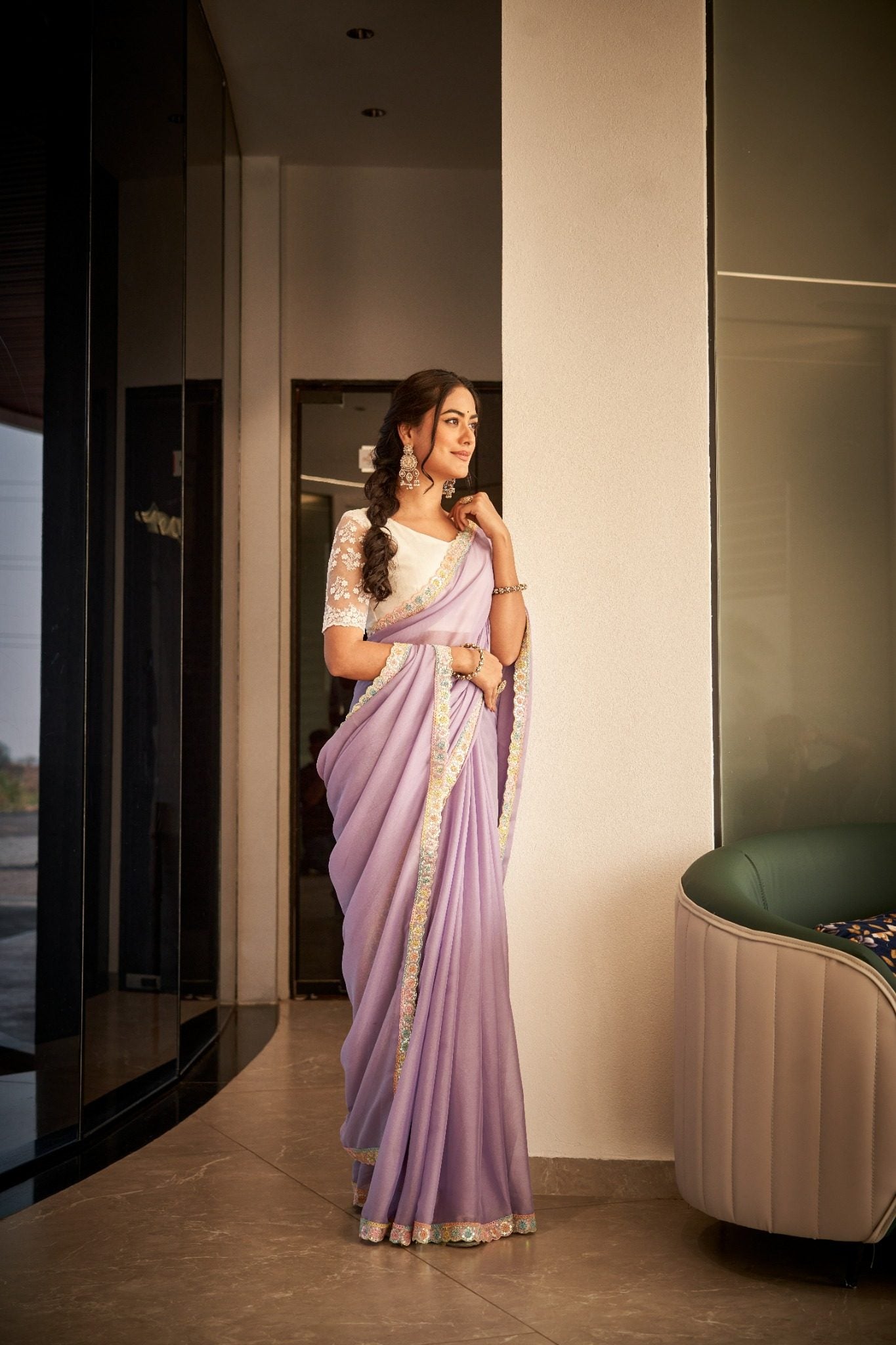 Lavender Purple Organza Silk Blend Saree with Premium Party Wear Embroidery