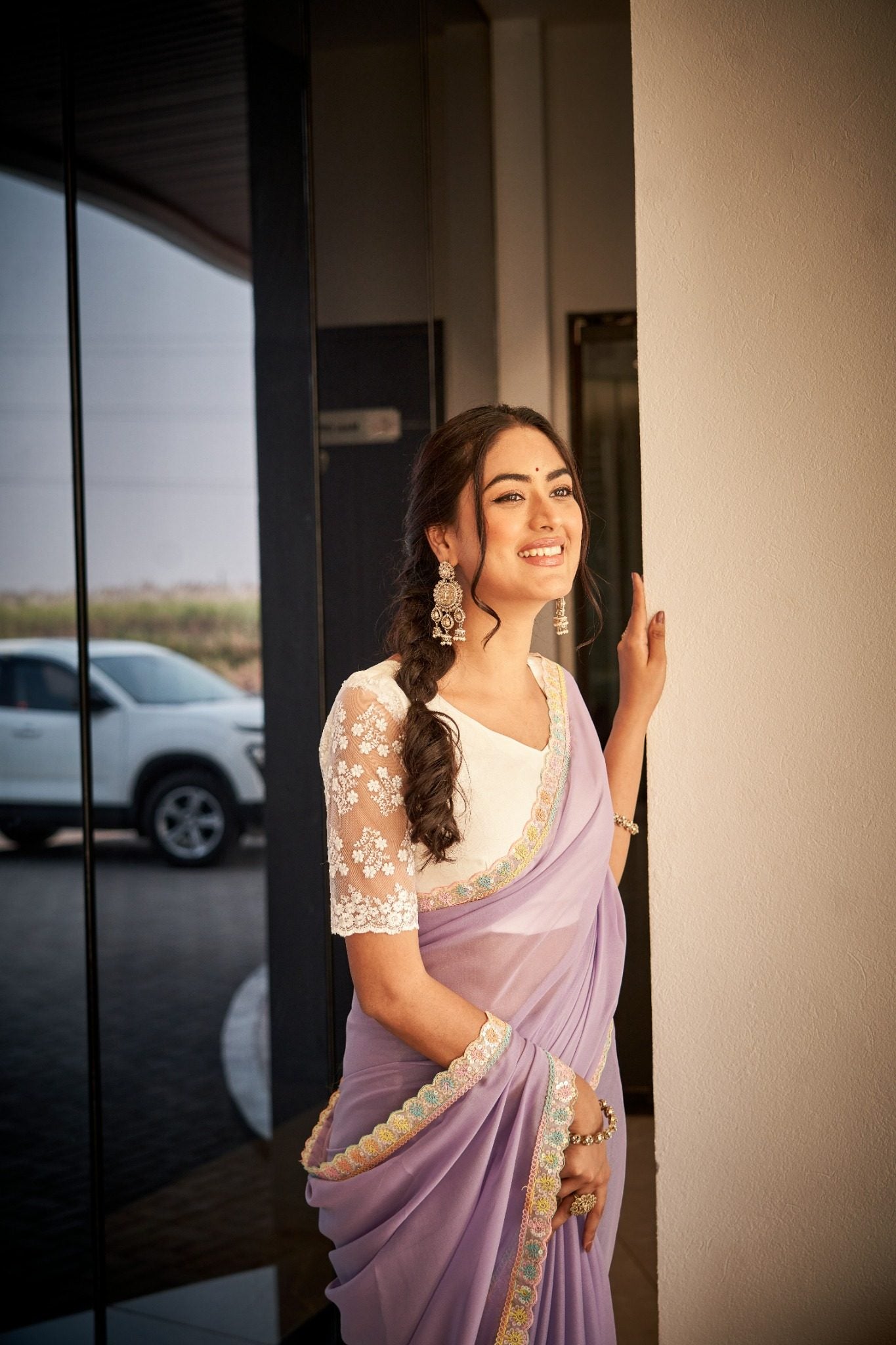 Lavender Purple Organza Silk Blend Saree with Premium Party Wear Embroidery