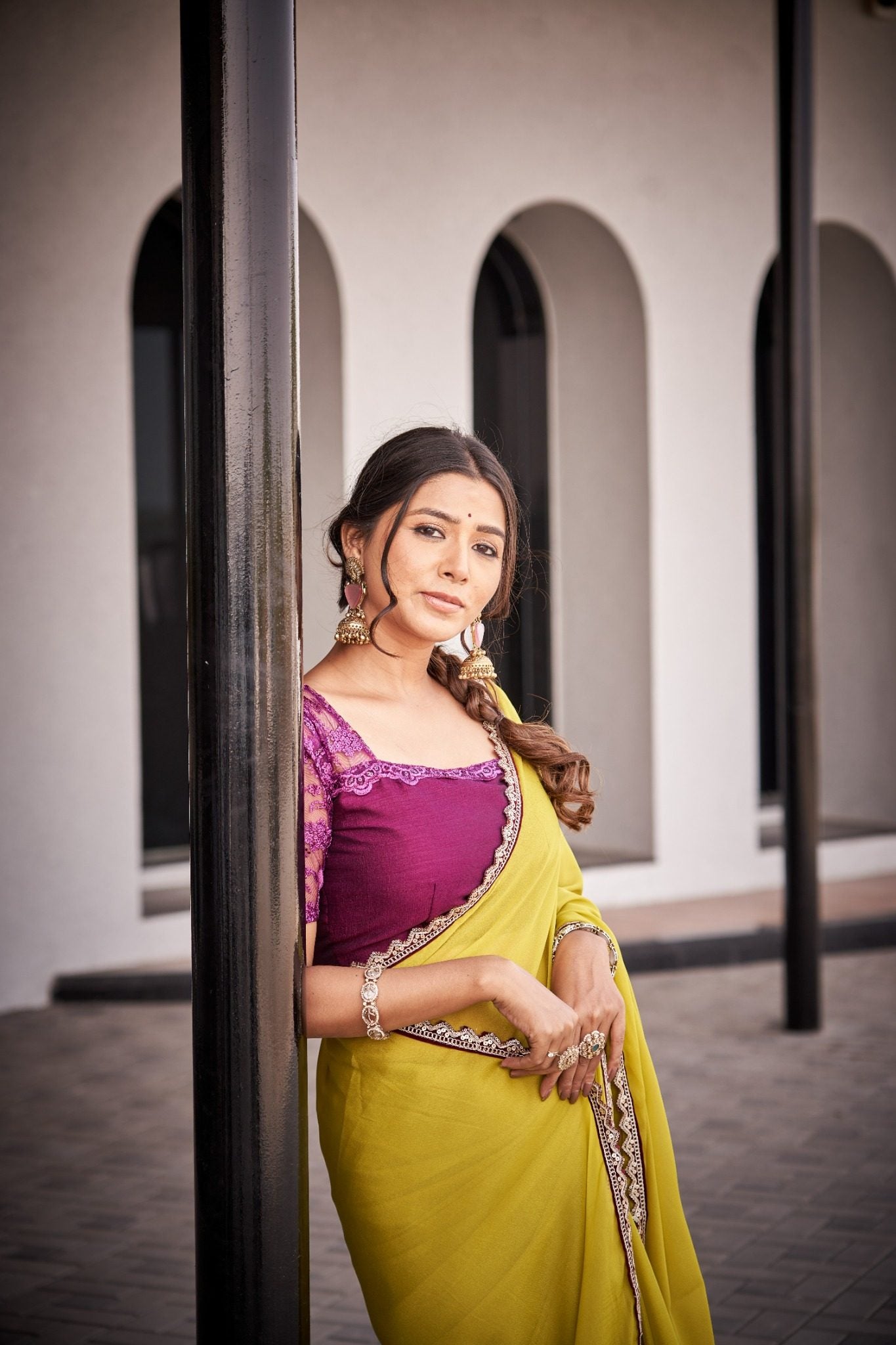 Mustard Yellow Organza Silk Blend Saree with Rich Embroidered Lace Border