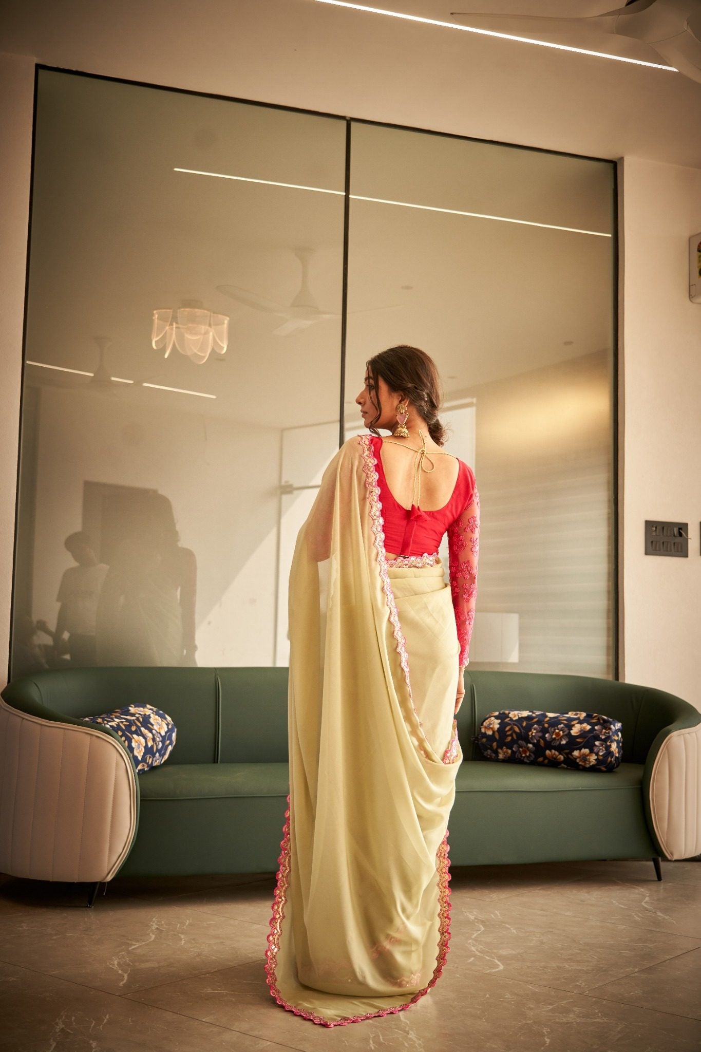 Pastel Beige Organza Silk Blend Saree with Pink Embroidered Designer Border
