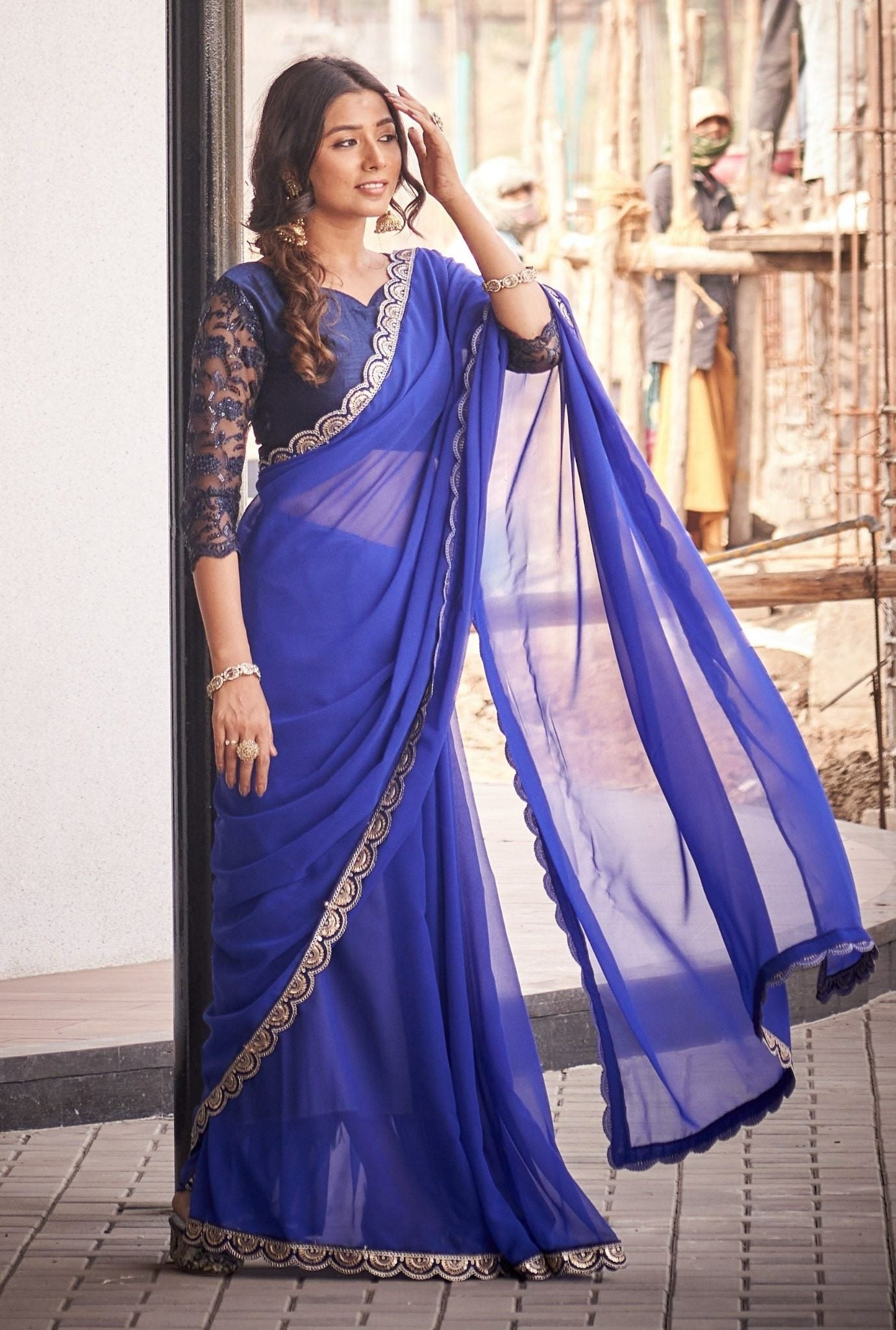 Royal Blue Organza Silk Blend Saree with Elegant Scallop Embroidery Border
