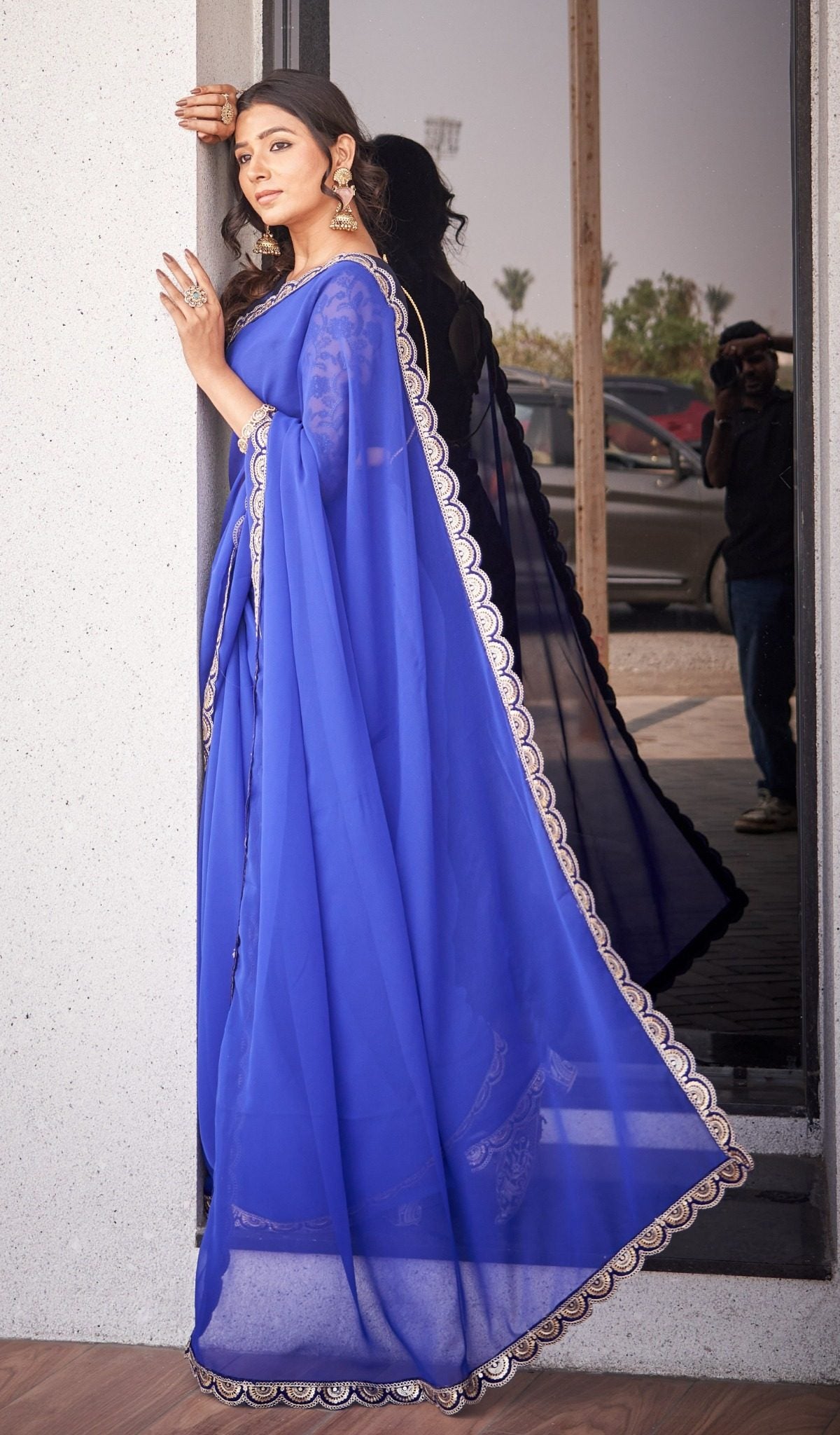 Royal Blue Organza Silk Blend Saree with Elegant Scallop Embroidery Border