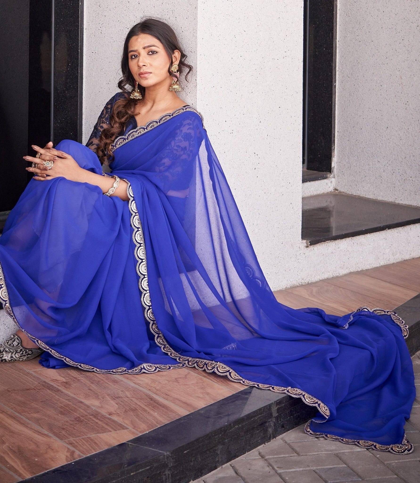 Royal Blue Organza Silk Blend Saree with Elegant Scallop Embroidery Border