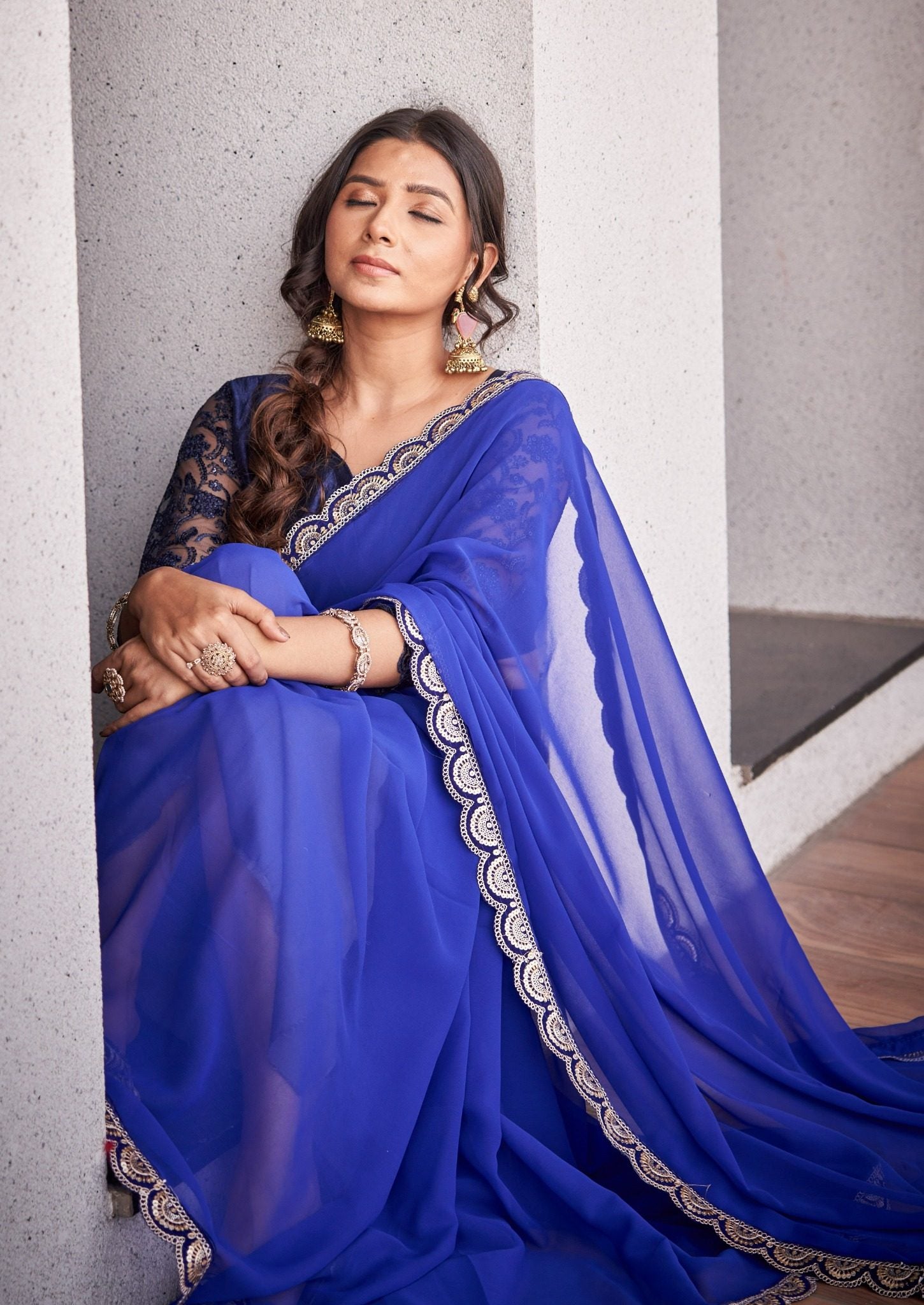 Royal Blue Organza Silk Blend Saree with Elegant Scallop Embroidery Border