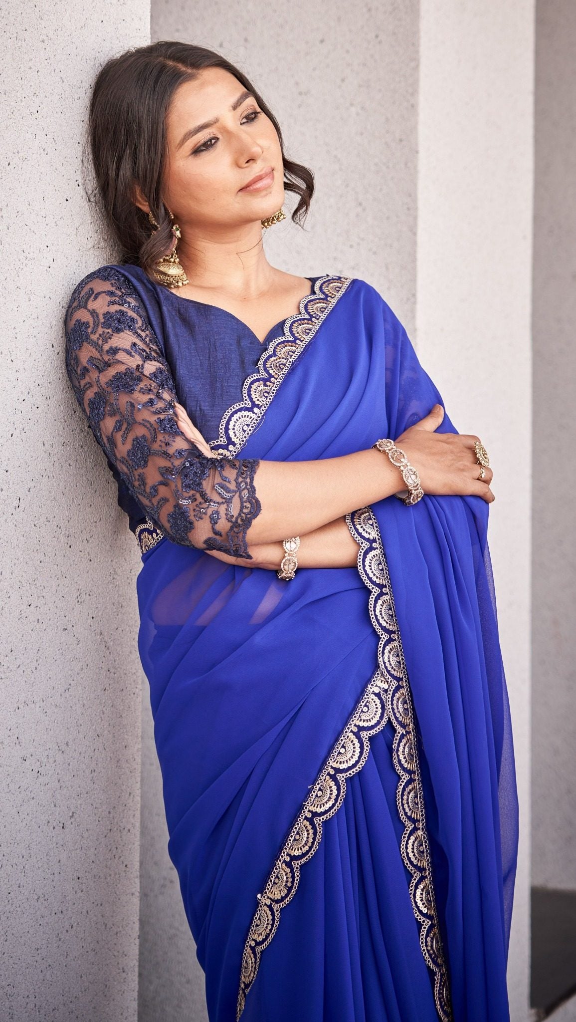Royal Blue Organza Silk Blend Saree with Elegant Scallop Embroidery Border